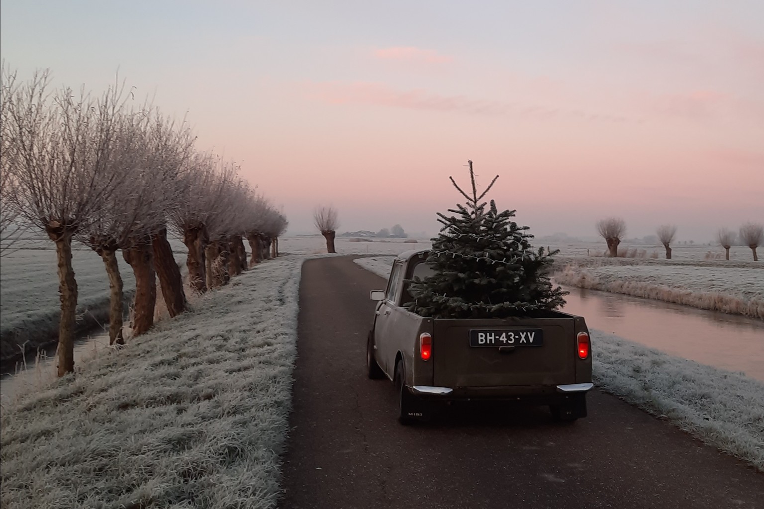 Mini Pick-up op een winters dijkweggetje met een kerstboom in de laadbak, driekwart van achteren gezien.