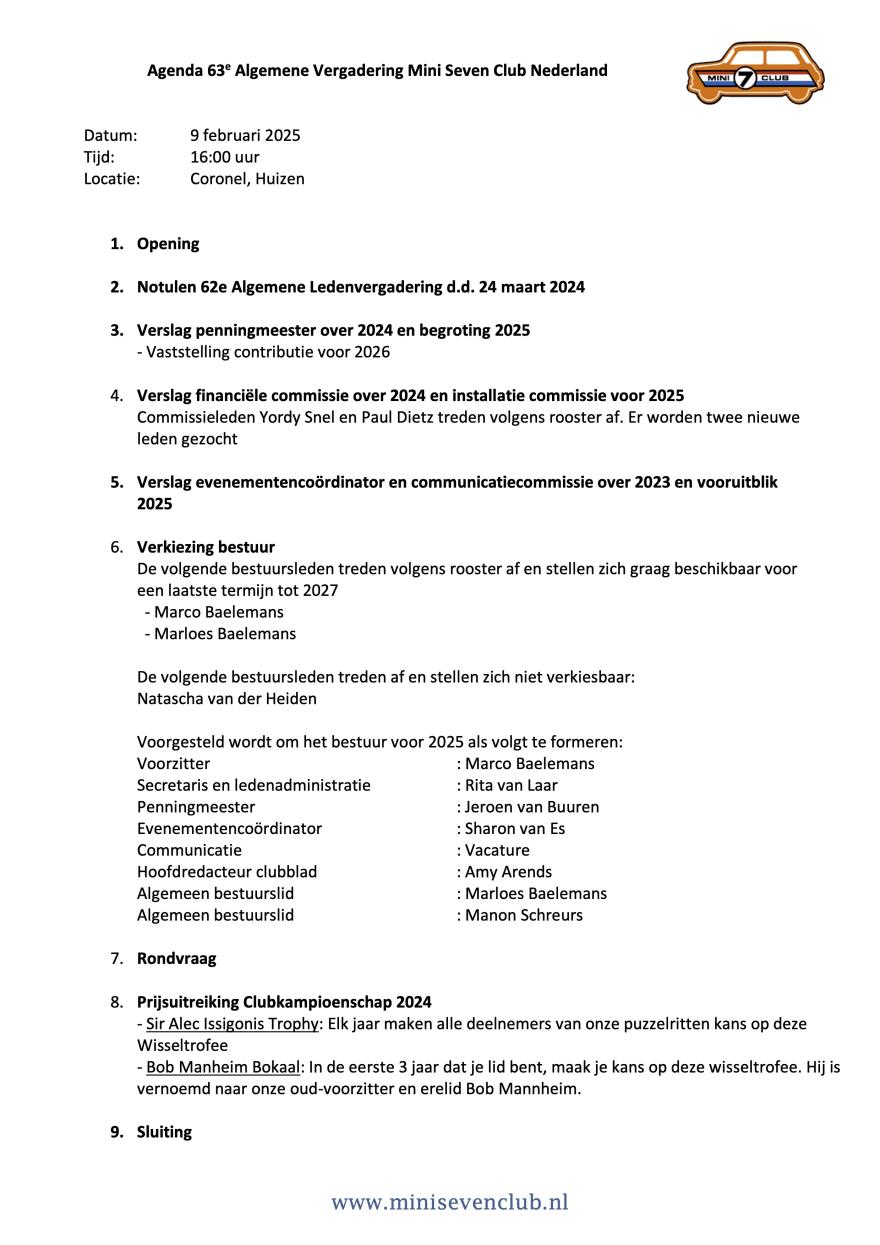 Agenda Algemene Vergadering 63. 9 februari 2025